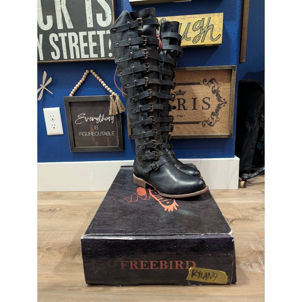 Freebird by Steven Rylan Boots Navy Buckles Boho Steampunk Western Womens 9 RARE - Picture 9 of 9